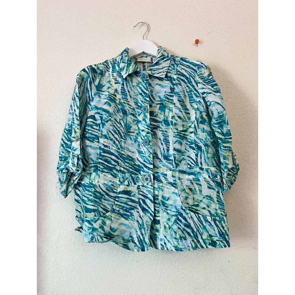 Chico's Womens Blue & Green Tropical Print Linen-Blend Lightweight Jacket Size 1